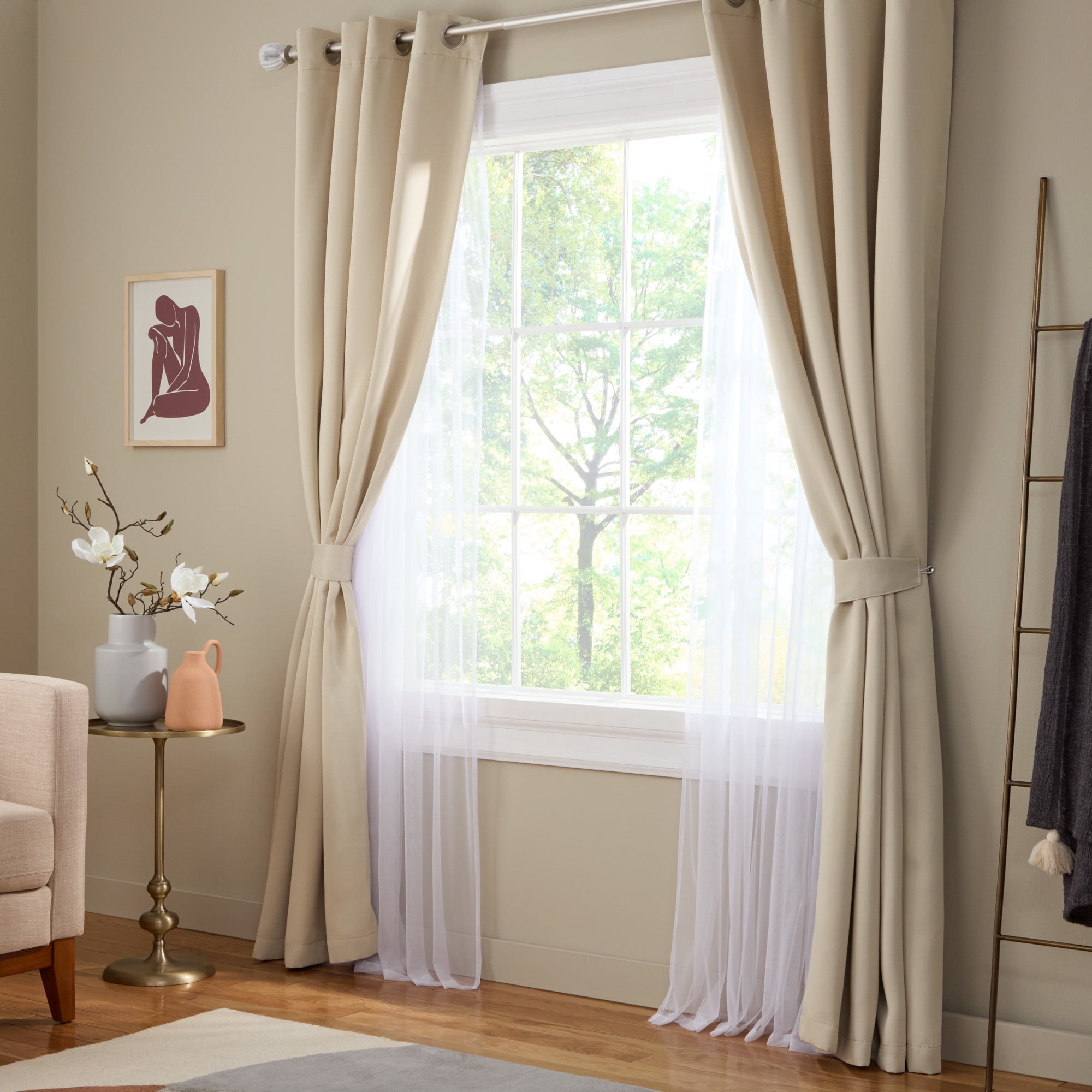 TOWN & COUNTRY LUXE Oslo Double Layer Indoor Curtains, Room Darkening and Sheer, Grommet Top, Energy Efficient, 2-Pack Set, 52"x96", Beige