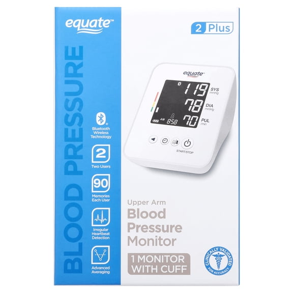 Equate 2 Plus Automatic Digital Wireless Blood Pressure Monitor for Home Use, Multiuser, Upper Arm Cuff - UA-6010BLEWM