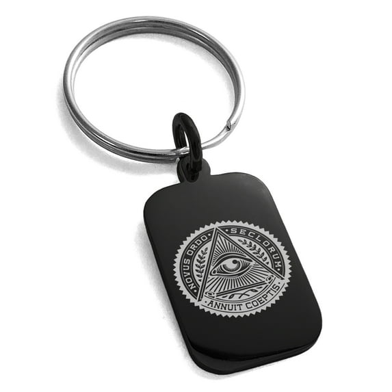Stainless Steel All Seeing Eye Novus Ordo Seclorum Engraved Small Rectangle Dog Tag Charm Keychain Keyring
