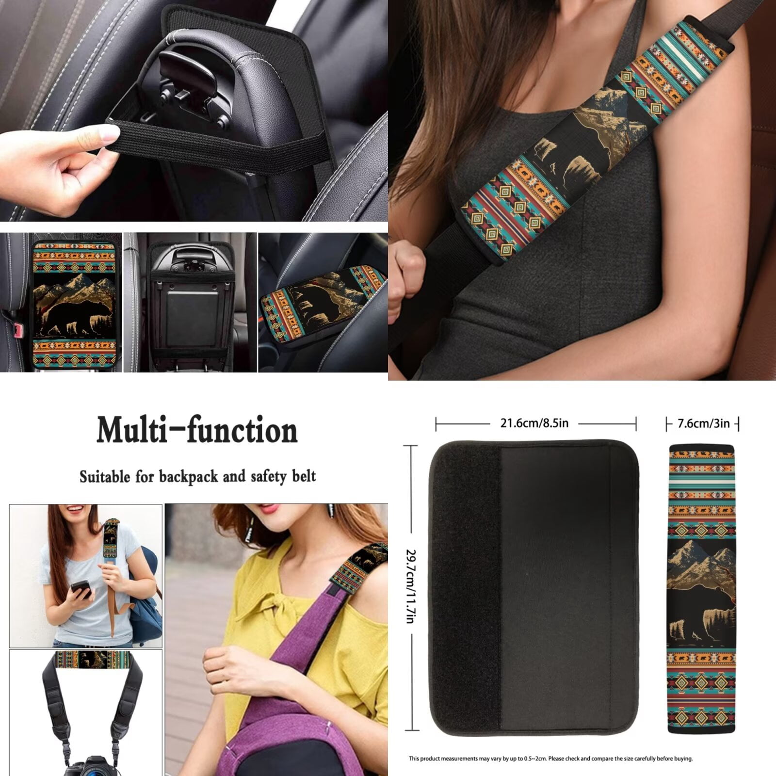 Garronmavis Aztec Bear Women's Auto Accessories 13 Piece Car Seat Cover Set with Steering Wheel Cover Seat Belt Cover Key Fob Lipstick Cover Coaster Protective Cover for Trucks Van SUV