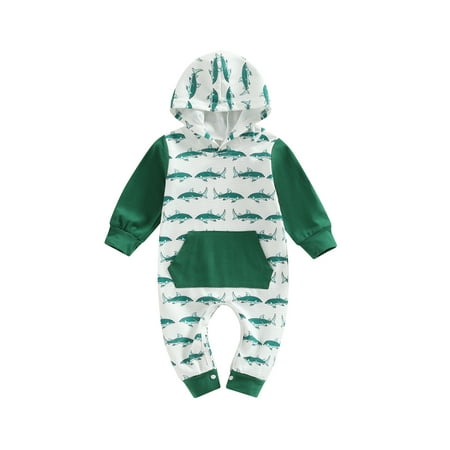 

Sunisery Toddlers Baby Boys Girls Jumpsuit Long Sleeve Hooded Bodysuit Dolphin Print Fall Romper Green 12-18 Months