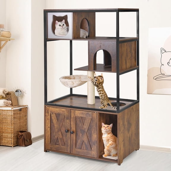 Aivituvin Cat Litter Box Enclosure,Hidden Litter Box Furniture with Metal Frame,Wooden Kitty House with Barn Door,Wooden Cat Washroom Furniture,Fit Most of Litter Box (Wood, M)