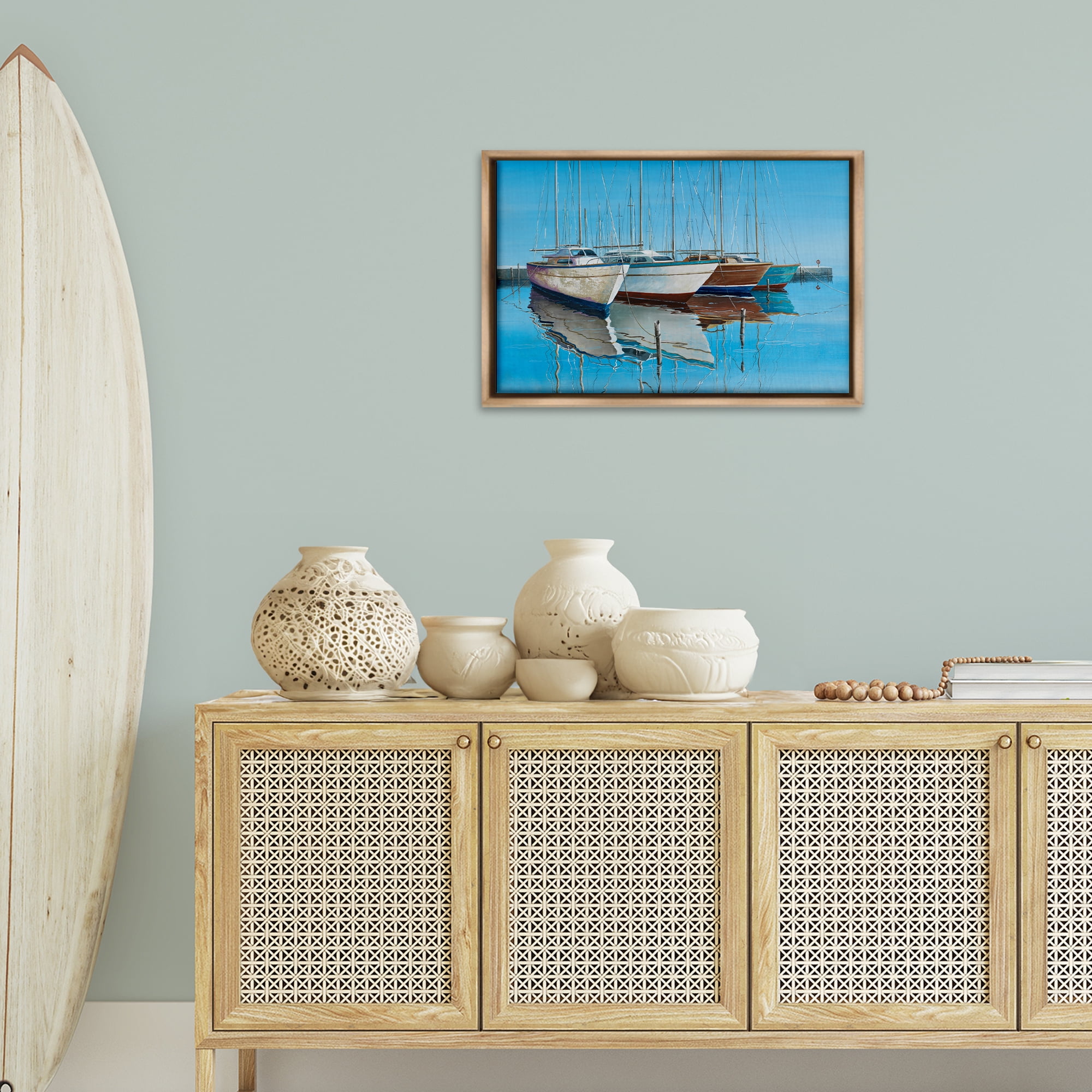 Stupell Industries Four Docked Boats Reflection Transportation Painting Brown Floater Framed Canvas Art Print Wall Art, 25 x 17