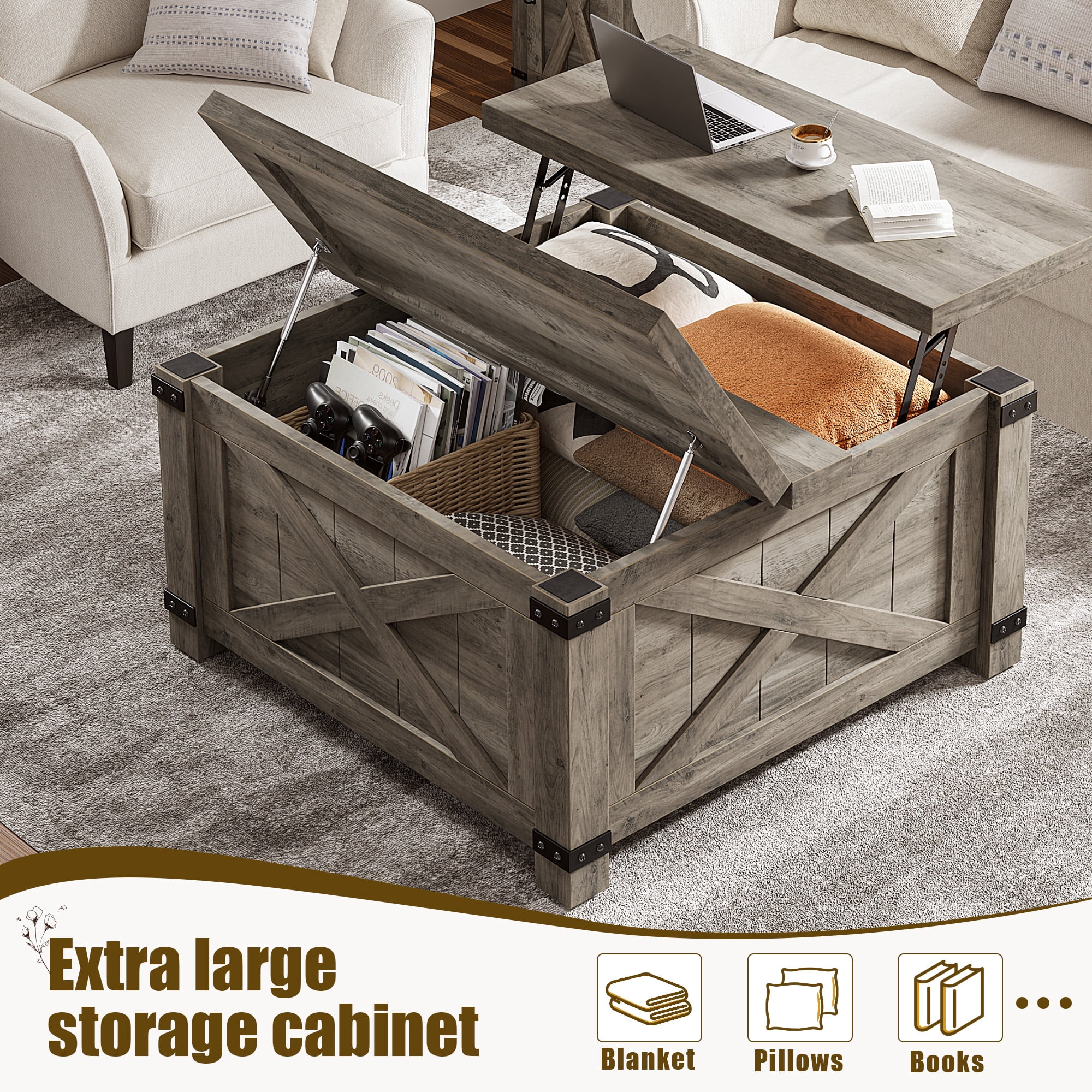 Romorgniz 35.7" W Square Lift Top Coffee Table Farmhouse Coffee Table with Large Hidden Storage Wooden Center Table for Living Room, Grey