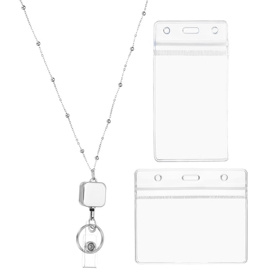 Uxcell Square Badge Necklace Lanyard with 1 Set ID Holder, Silver Tone