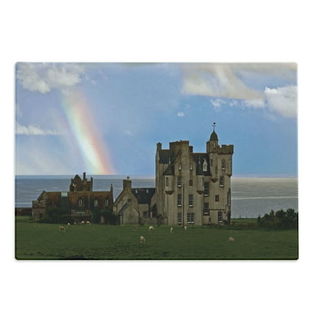 

Scotland Cutting Board Lock with Sheep and Rainbow at the Coast Antique Cliffs Vivid Sky Castle Meadow Decorative Tempered Glass Cutting and Serving Board in 3 Sizes by Ambesonne