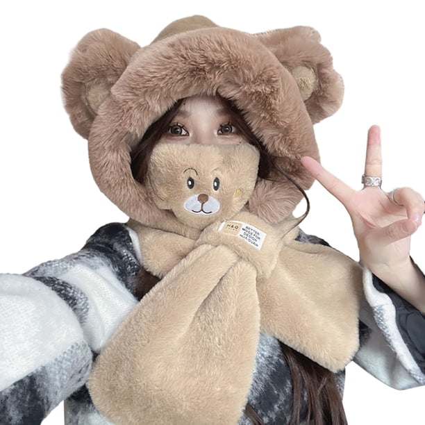 Clinaoy - Gorro de invierno con orejas de oso para mujer, adorable, súper suave, grueso, resistente al frío, de felpa, con protector facial