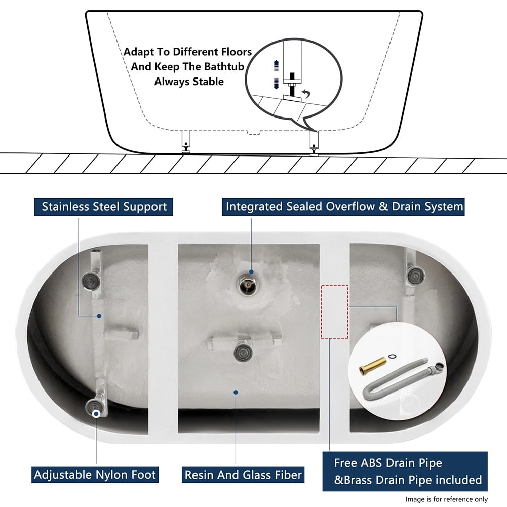 Kepooman Modern Stand Alone Soaking Tub with Brushed Nickel Drain & Overflow Hole, 66.5 x 31.5in Kepooman Modern Stand Alone Soaking Tub with Brushed Nickel Drain & Overflow Hole, 66.5 x 31.5in