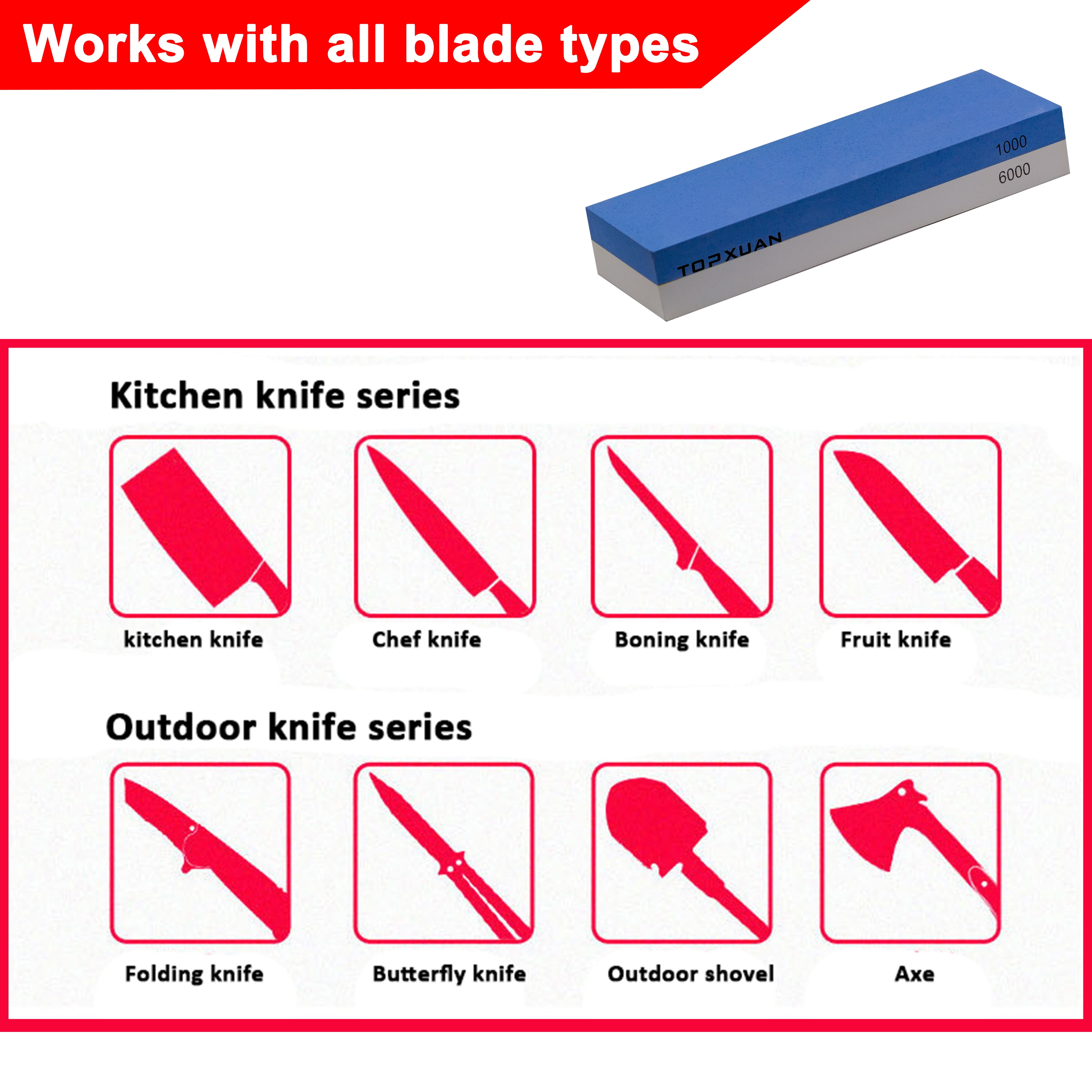 TOPXUAN Knife Sharpening Stone 1000/6000 Grit 2 Sided Sharpener Whetstone,Professional Wetstone for Kitchen Knives Sharpener with Non-Slip Rubber,Orange Color Box Package