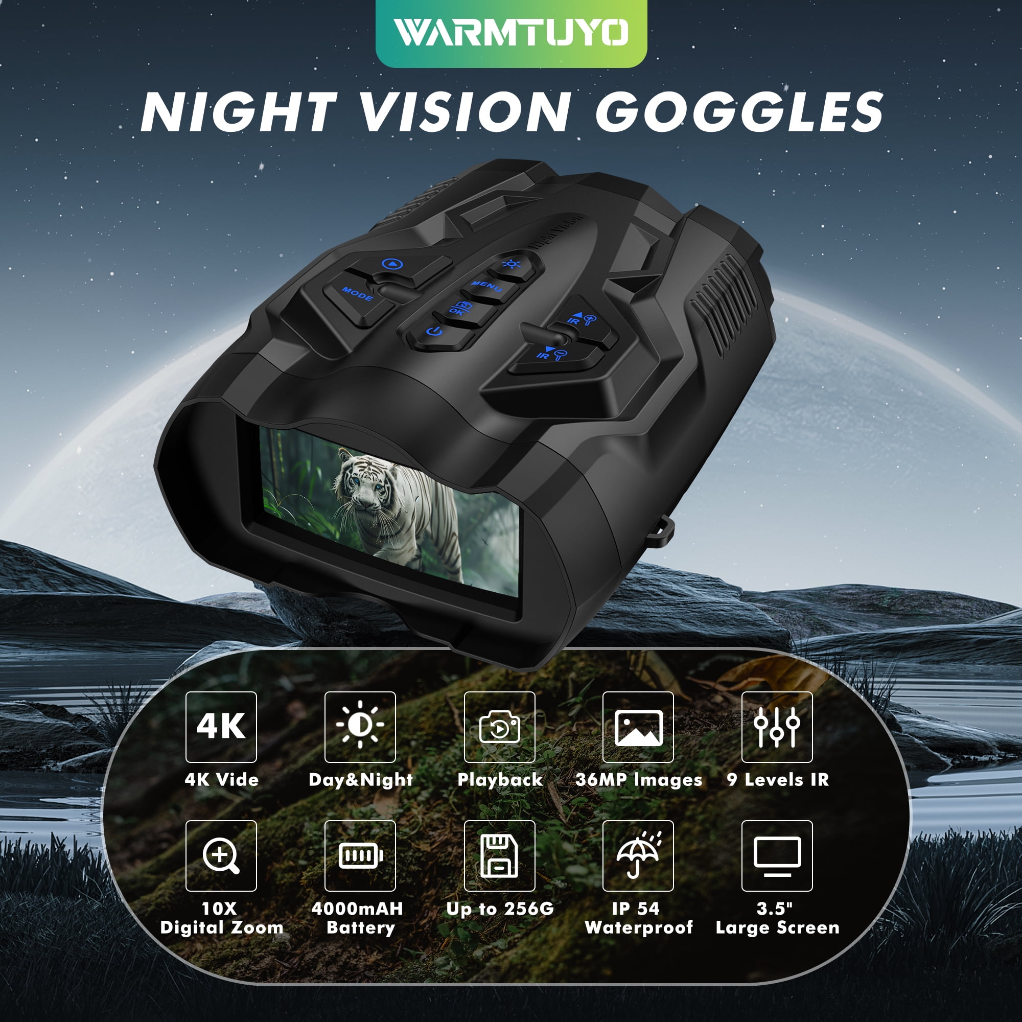 WARMTUYO Night Vision Binoculars, 9 Level Infrared Night Vision Goggles with HD Video and Photo Modes, 10x Zoom, 32GB Card, 3.5" HD Screen Binoculars for Adults - Black