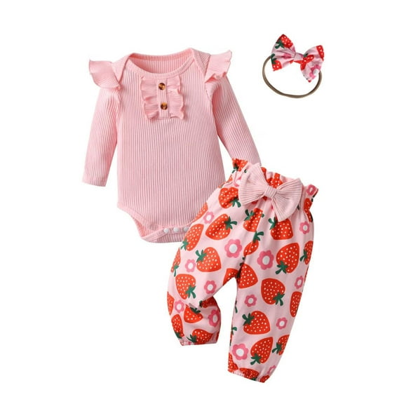 Newborn Baby Girl Clothes Long Sleeve Ruffle Romper Strawberry Print Pants Headband Set Pink