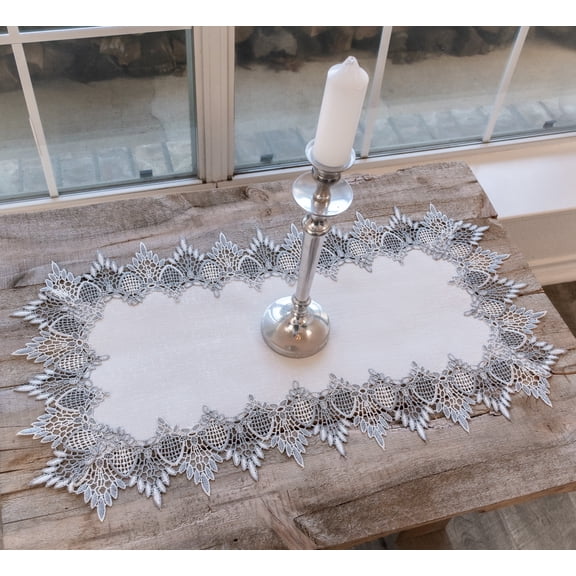 Lace Runner Earth Tone Silver Lace on White Jacquard Table Runner (14"x28")