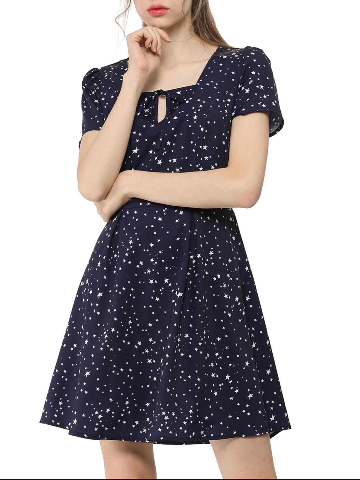 DARING DIVA Square Neck Short Sleeve Print A-Line Dress XL Blue-Stars