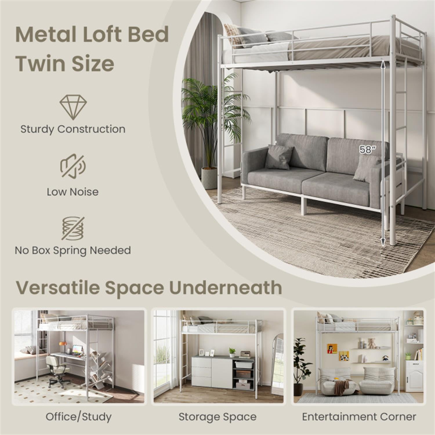 Demi Bonn Metal Twin Loft Bed Frame with 2 Ladders Full-length Guardrail for Teens, White