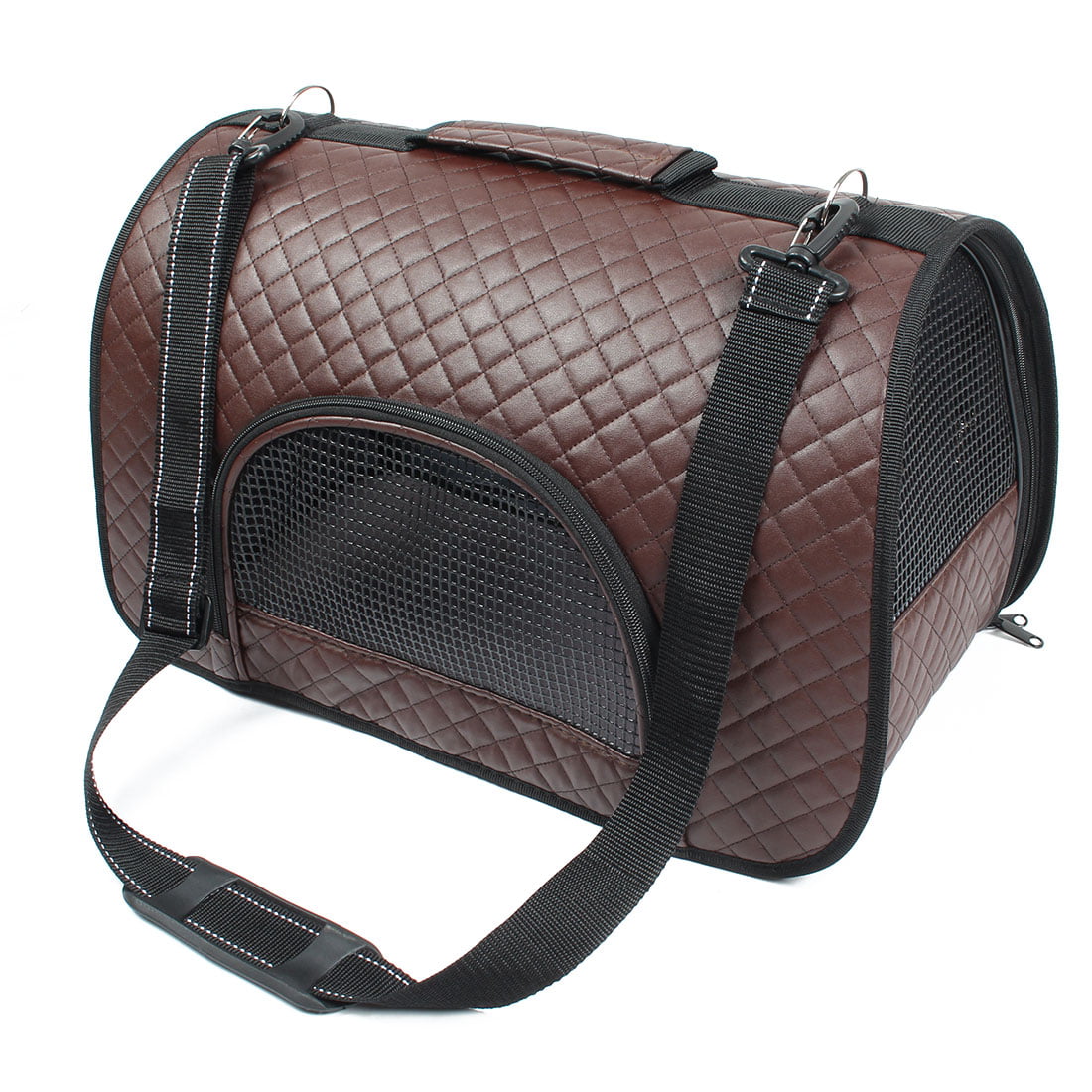 Travel Soft Faux Leather Mesh Zipper Closure Pocket Pet Carrier Tote Bag Brown - 0