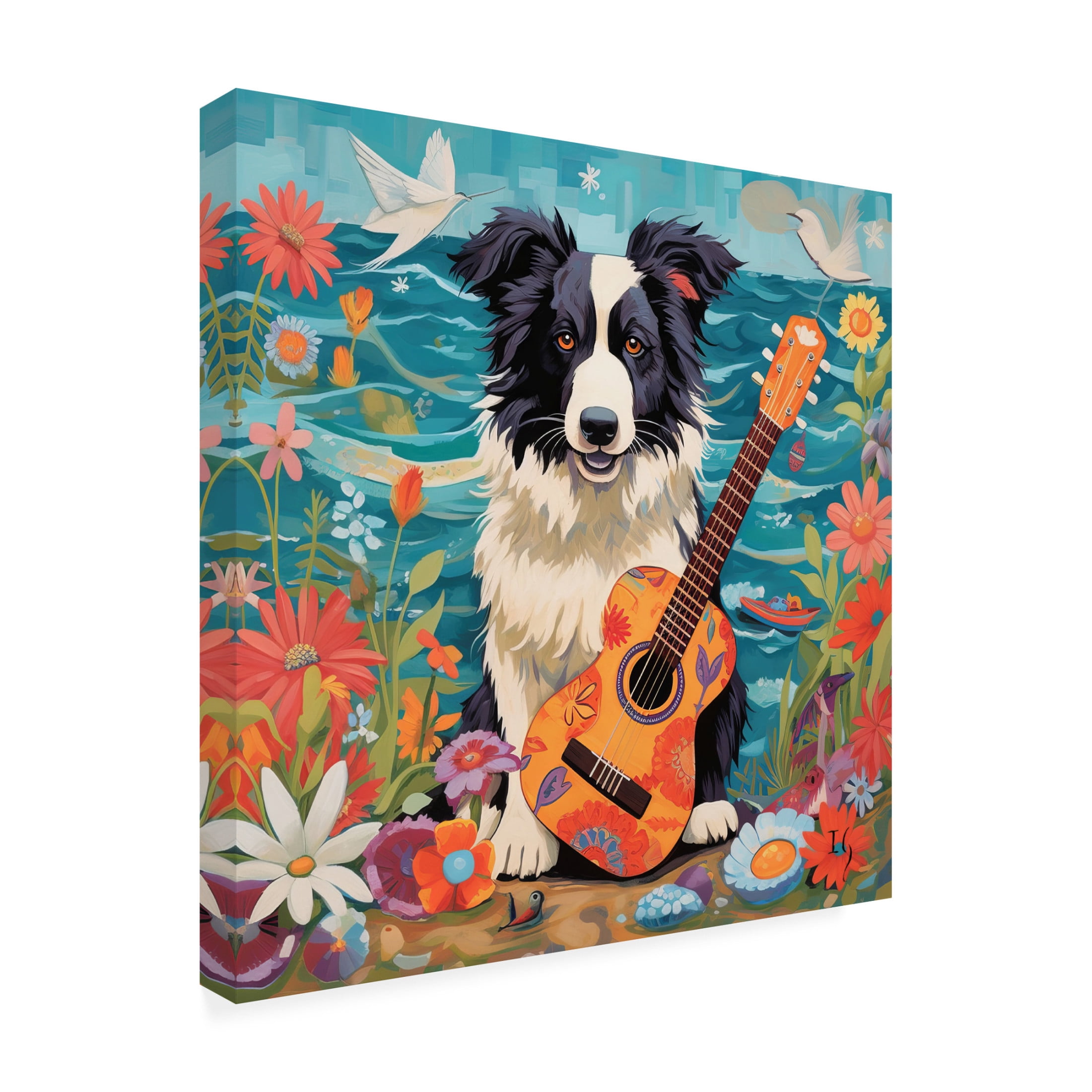 Canvas Wall Art - Ivan Guaderrama 'Beachside Collie Charm' Wall Art for Living Room, Bedroom, or Office Décor by Trademark Fine Art - 18 x 18 Inches