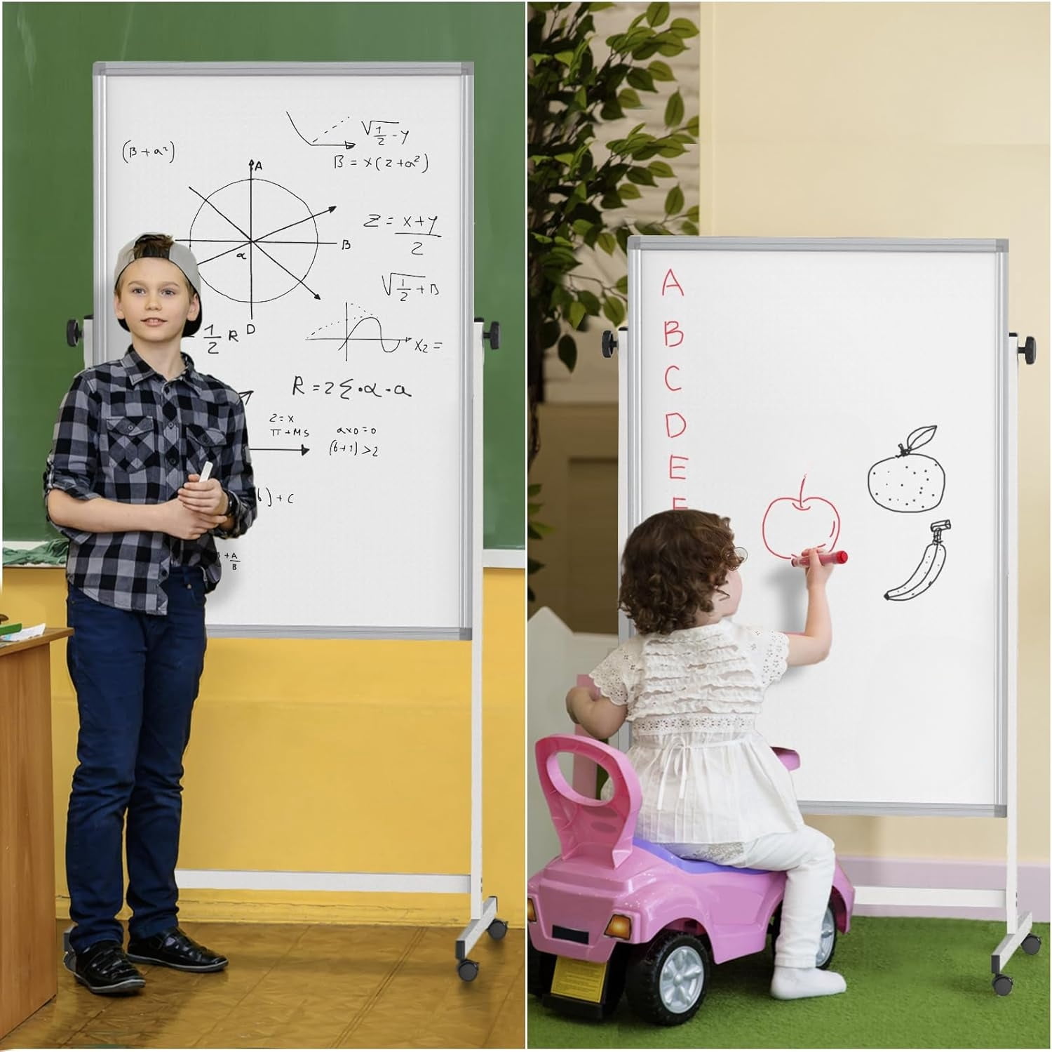 Mobile Whiteboard 32x48 Inch Height Adjustable - Double-Sided Magnetic Dry Erase Board