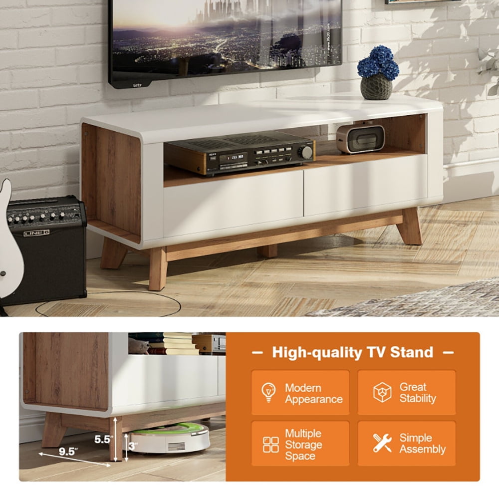 Finihen TV Stand, Media Console with 2 Pull-Out Drawers and Open Compartment for TVs up to 50 Inch, Media Entertainment Center with Storage, for Living Room, Bedroom, White & Oak
