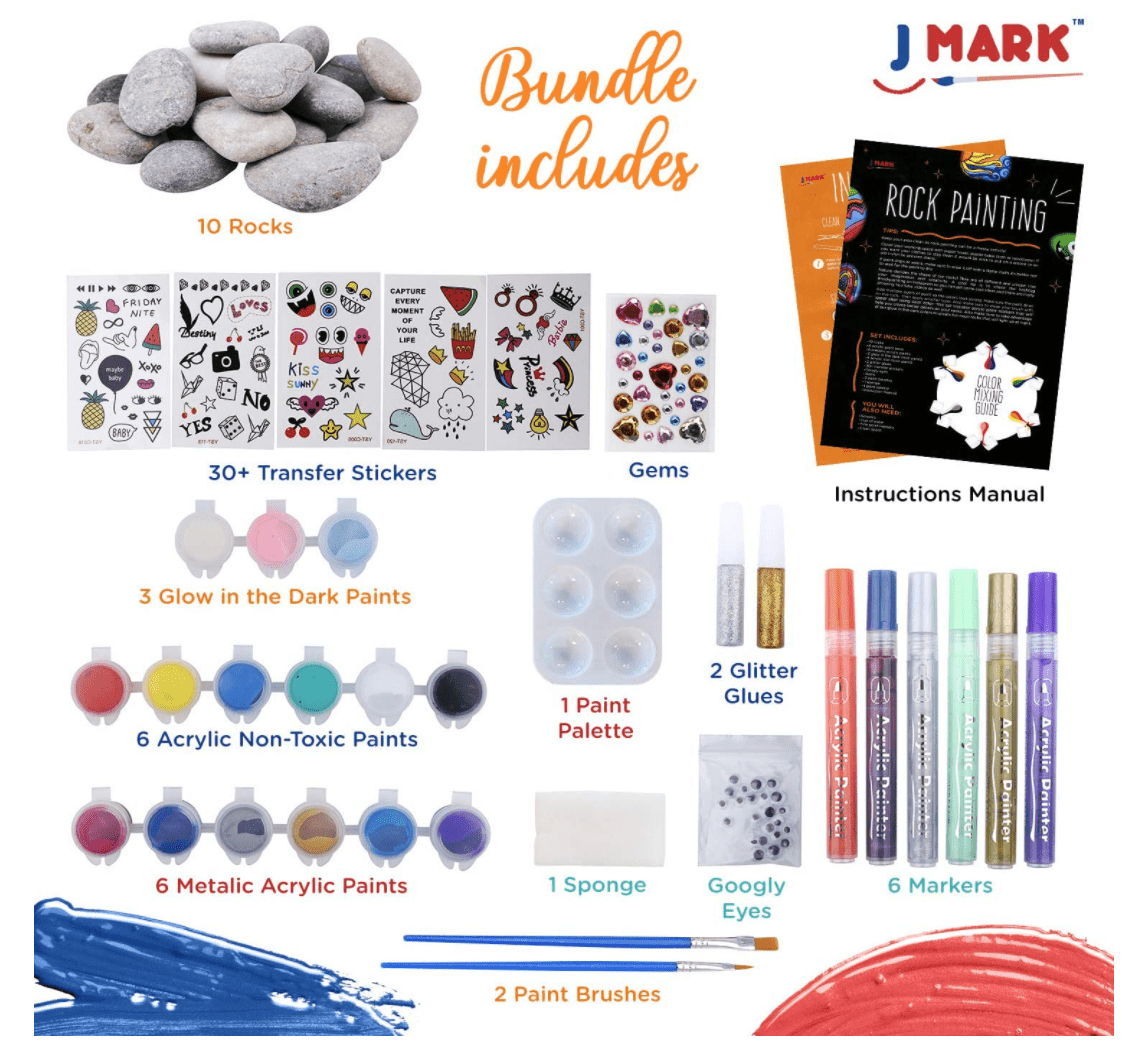 J Mark Premium Rock Painting Kit - 42 Piece Rock Paint Bundle- Rocks Acrylic Paint Markers Glow in The Dark Metallic and Acrylic Paints Transfer