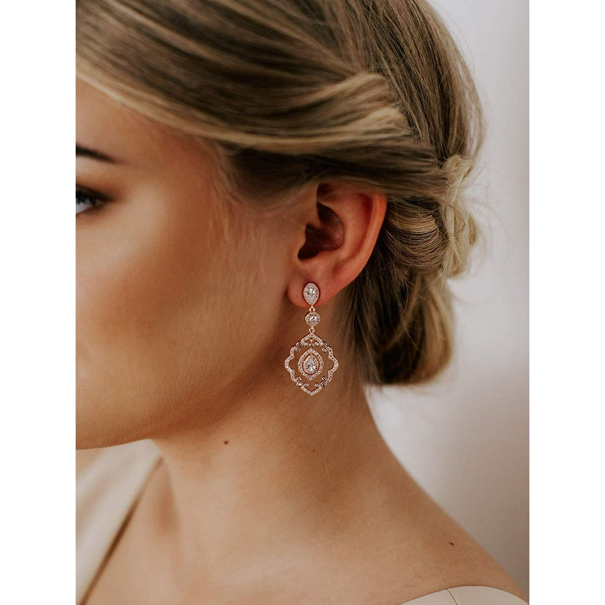 Chandelier Wedding Earrings Rose Gold Bridal Earrings for Women