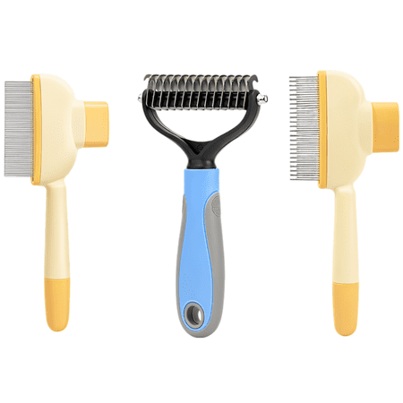 3 Pcs Pet Grooming Set Including Flea Comb for Cats & Dogs One-Click Self-Cleaning Pet Comb and Detangling Comb Long & Short Tooth Ergonomic Handle Yellow & Blue