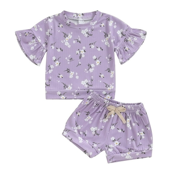 Musuos Toddler Girls Summer Outfit 6M- 4T Floral Print Short Sleeve T-Shirt and Elastic Shorts Set Cute Summer 2 Piece Clothes