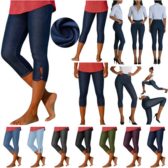 QATAINLAV Black Skinny Cropped Jeans for Women Stretchy High Waisted Tummy Control Jean Capris Solid Color Jeggings Athletic Faux Denim Pants with Pockets