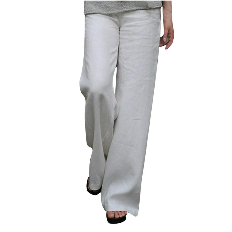 YWDJ Joggers for Women Women Casual Solid Cotton And Linen Workout Sports  Wide Leg Pants Trousers White S 