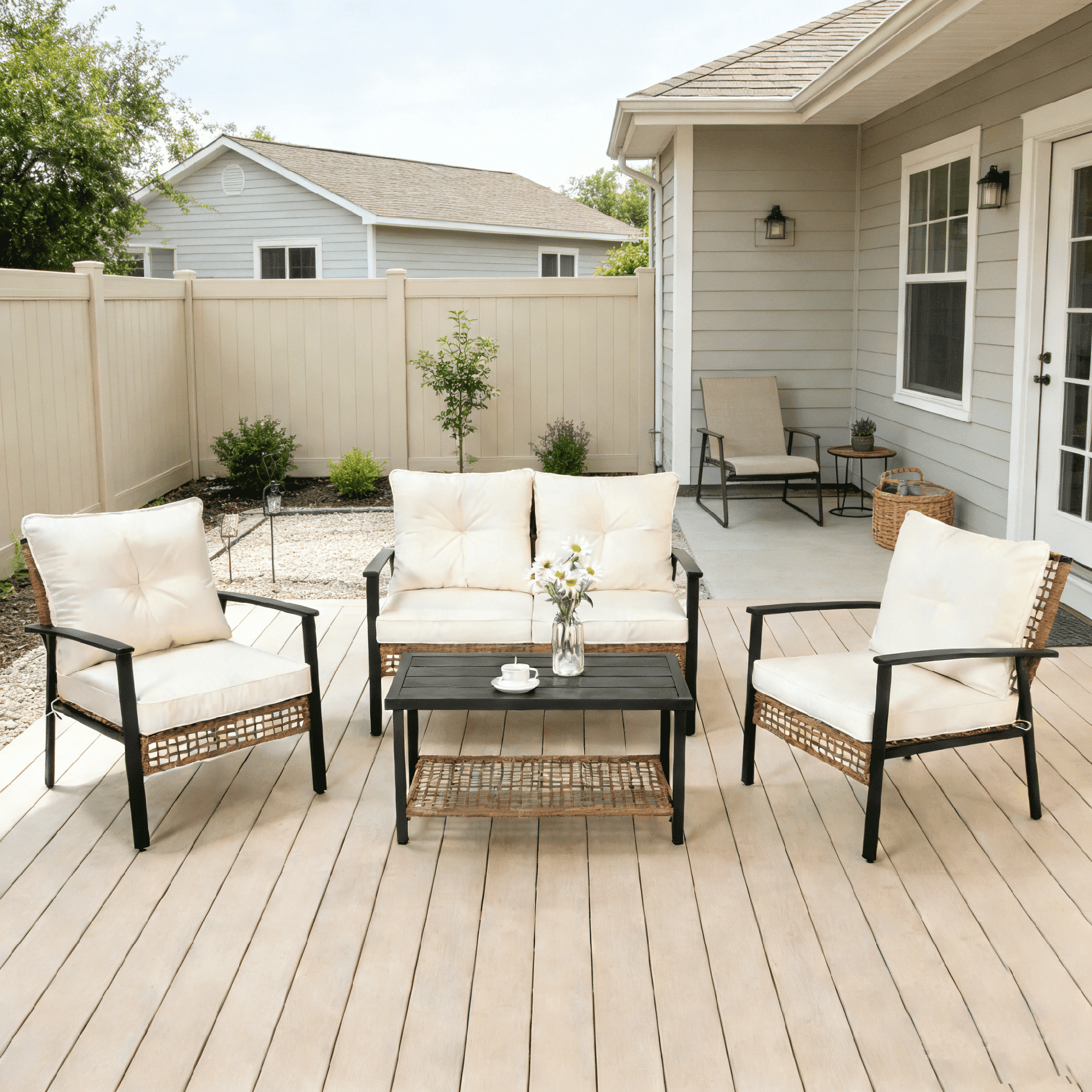 LAUSAINT HOME 4-Piece Outdoor Patio Conversation Set, All-Weather PE Rattan Furniture with Loveseat, 2 Chairs and Table for Backyard, Porch, Garden and Poolside, Beige