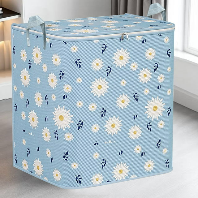 Apeya Houndstooth Storage Bag-Large Capacity Folding|With Reinforced Handle/Zipper, for Comforters/Pillows/Blankets/Bedding/Quilts,Storage Box 140L Blue Daisy
