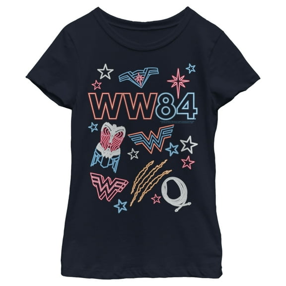 Girl's Wonder Woman 1984 Neon Symbols  Graphic Tee Navy Blue Medium
