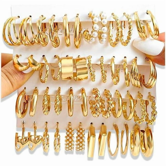 Chenchen 16-24 Pairs Gold Silver Black Earring Set for Women, Chunky Earring Multipack Punk Trendy Big Small Stud Hoop Earring Lightweight Twisted Pearl Ear Pack For Daily Birthday Party Gift