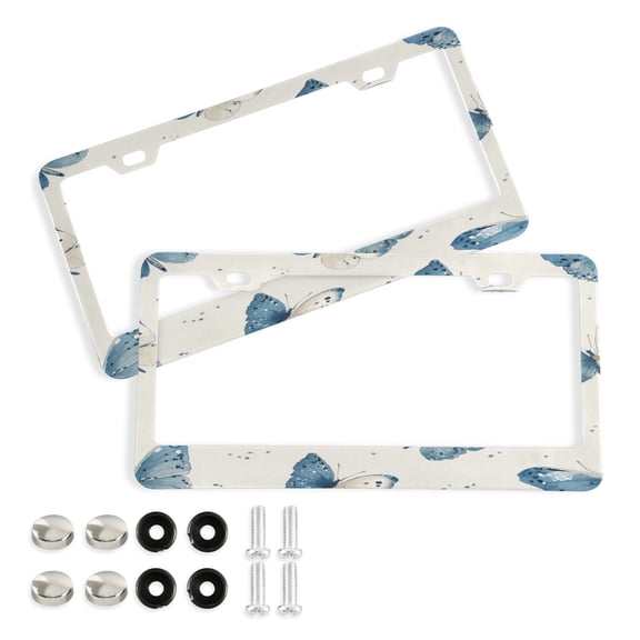 Aluminum License Plate Frame 2 Pack Car Exterior Accessory Car Tag Holder for Front Rear Plates Cars Decor Blue Watercolor Butterflies