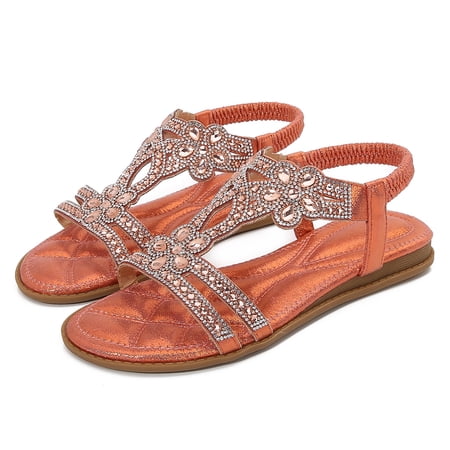Wide Width Shoes for Women Flat Sandals for Women Dress Sandals for Women Womens Sandals Beach Sandals Women Rhinestone Sandals T-Strap Buckle Bohemian Pearl Crystal Flat Sandals Orange 5.5