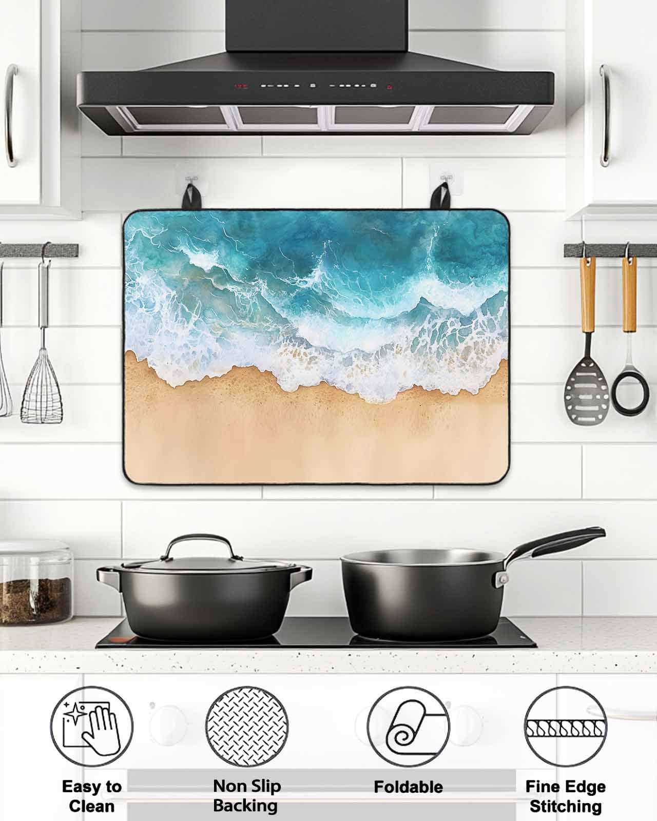 Stove Top Covers for Electric Stove 24x21 Inches, Teal Ocean Waves Heat Insulation Fireproof Glass Cooktop Protector, Summer Beach Coastal Nautical Multipurpose Countertop Stovetop Cover for Kitchen