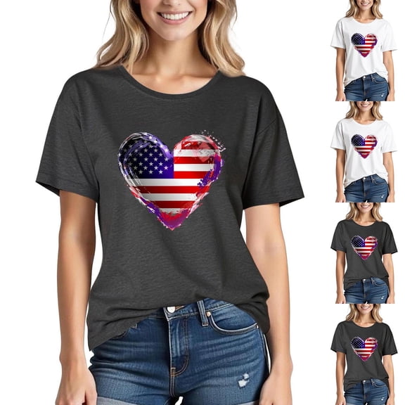 Goodtrade8 Short Sleeve Tops for Women Summer USA Years Anniversary Pullover Independence Day Graphic Red White and Blue Casual Fourth of July American Flag Womens Shirts Crew Neck