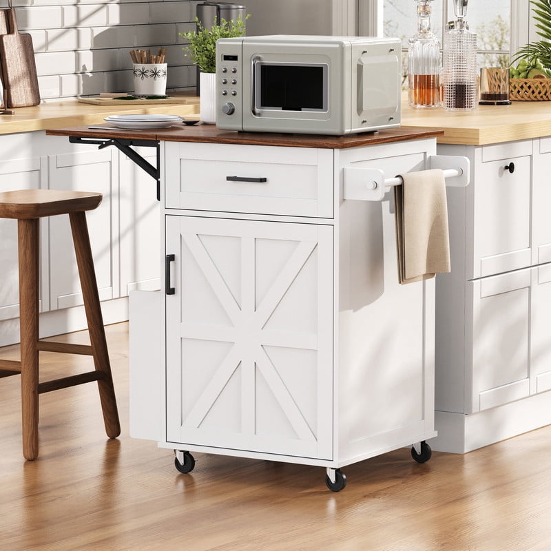 Farmhouse Small Kitchen Rolling Cart with Drop Leaf, Kitchen Island Storage Cabinet with Racks, Hooks, Drawer & Lockable Wheel