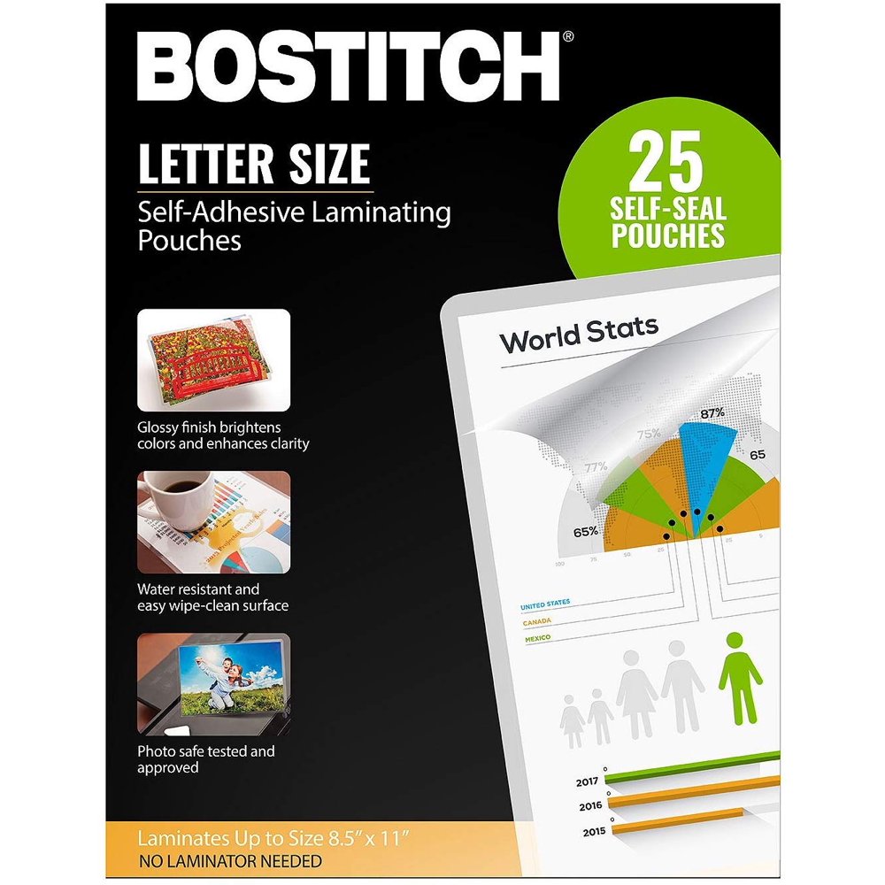 Bostitch SelfAdhesive Laminating Pouches, 8.5 in x 11 in 25 Pack