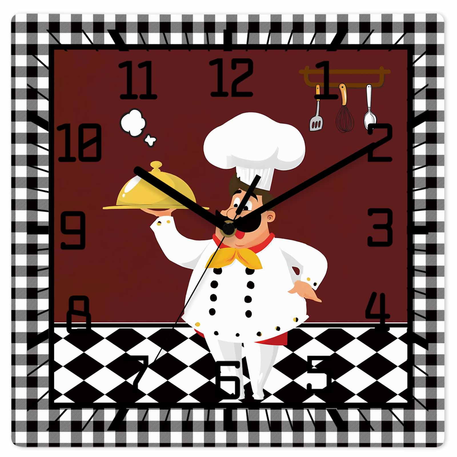 Red Kitchen Chef Wooden Wall Clock Silent Non Ticking, Black Plaid Gourmet Food Vintage Square Wall Clocks Battery Operated, Decor Clock for Home Office, Living Room, Kitchen, 10 Inch