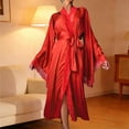 thumbnail image 2 of Arlun Silk Long Robes for Women Satin Lace-Trim Long Sleeve Bride Wedding-Night Bridal Bridesmaid Kimono Robes Lightweight Soft Comfortable Solid Color Wrap Sleepwear Red S, 2 of 4