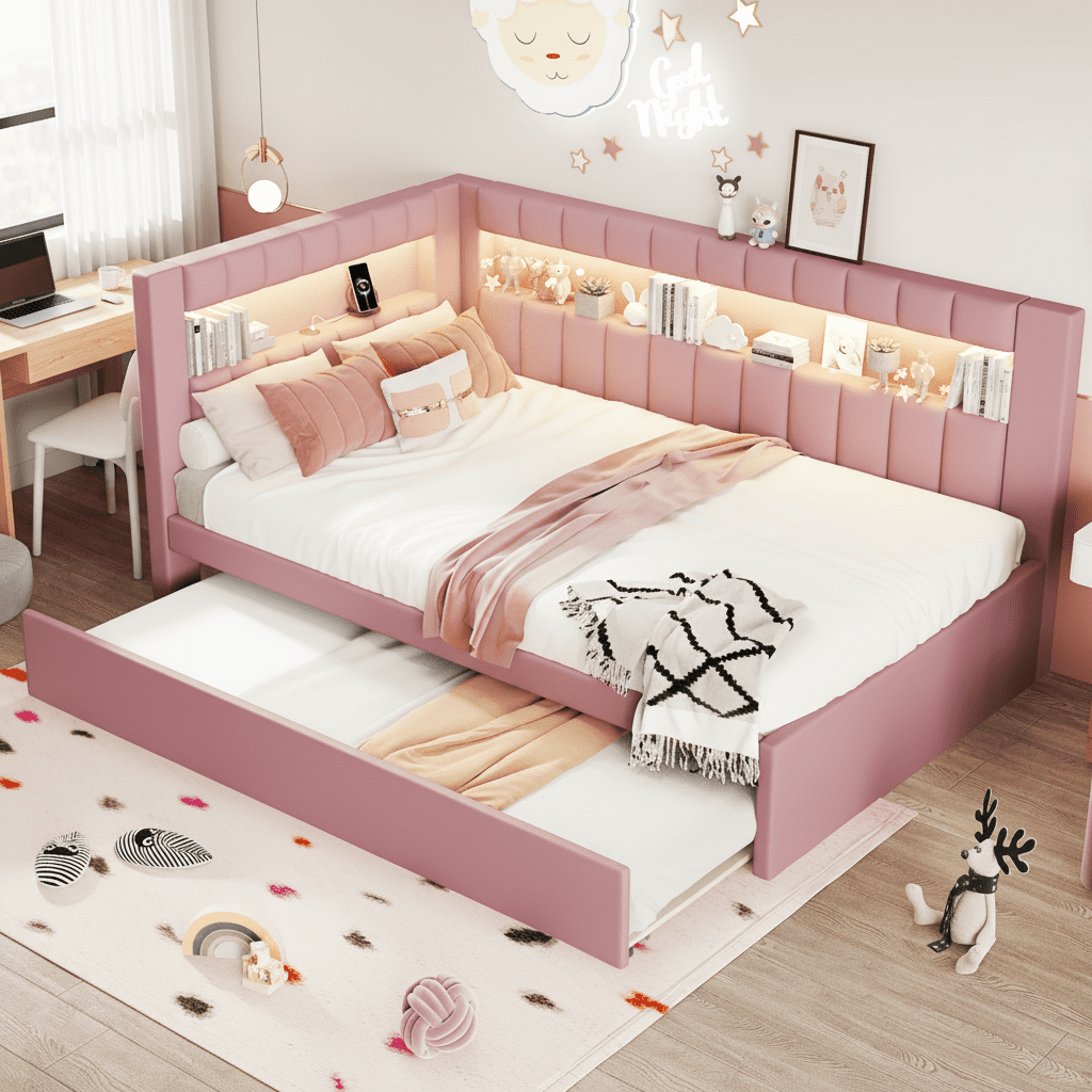 Homy Casa Upholstered Twin Platform Bed with LED Lights and USB Charging Station with Pull Out Trundle for Kids Teens, and Guest Room, Pink