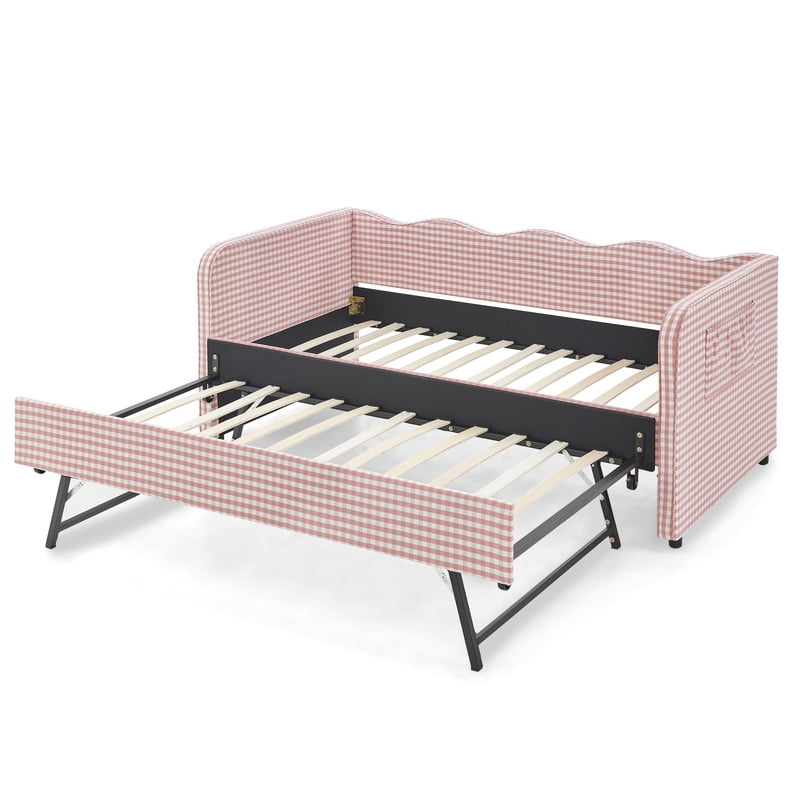 Twin Size Upholstery Daybed with Trundle, Twin to King Design Adorable Wave Shaped Extendable Gingham Sofa Bed for Living Room Bedroom, No Box Spring Required