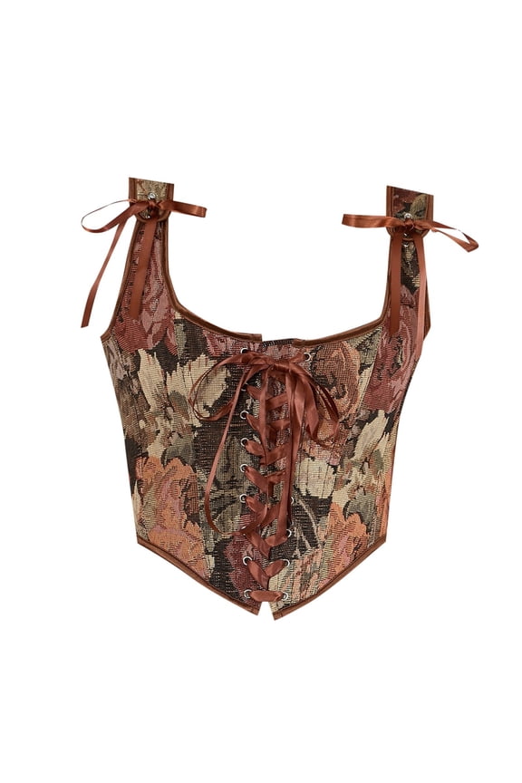 Womens Vintage Floral Print Corset Grommet Lace Up Tie Front Bustier Shapewear Spaghetti Strap Classic Waist Cincher Tops