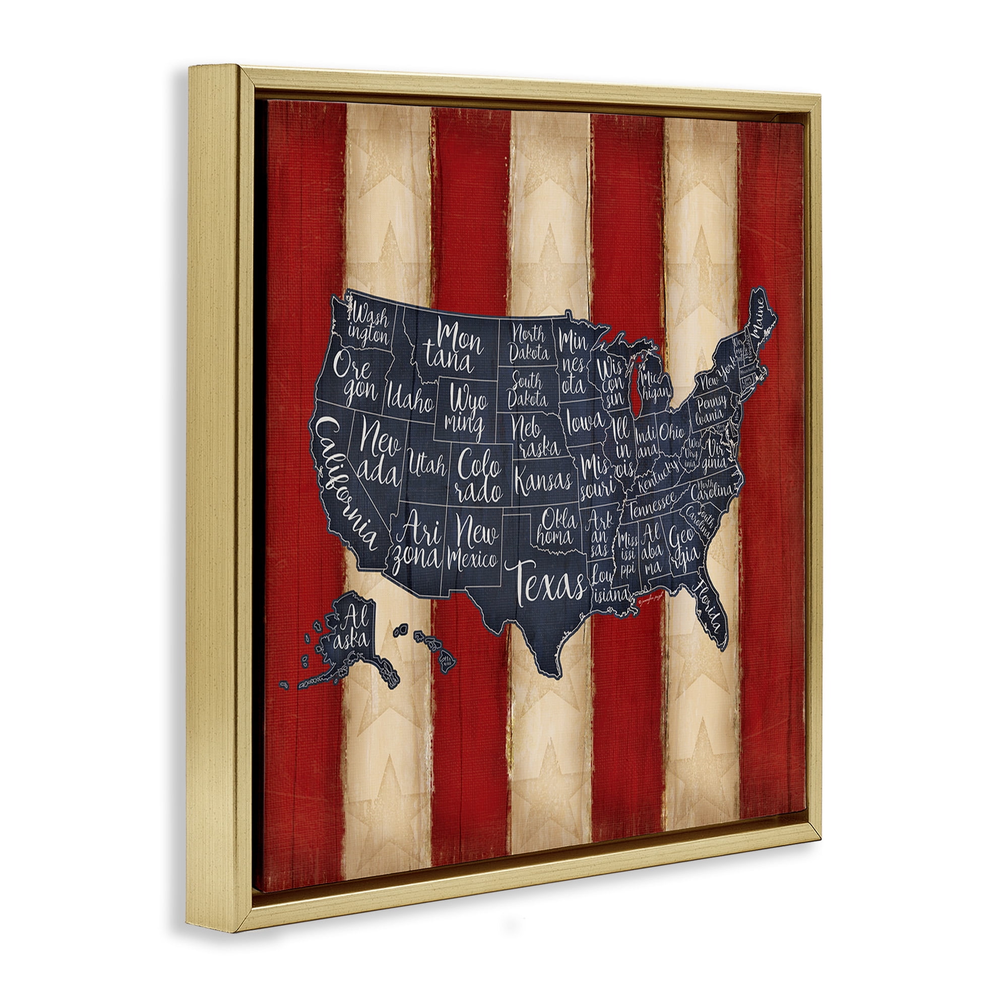 Stupell Industries United States Map on Stripes Art for Kids Painting Gold Floater Framed Canvas Art Print Wall Art, 18 x 18