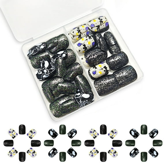 Halloween Press on Nails 24pcs Square Glue-On Artificial Tips with Designs Full Cover Fake Nails for Women