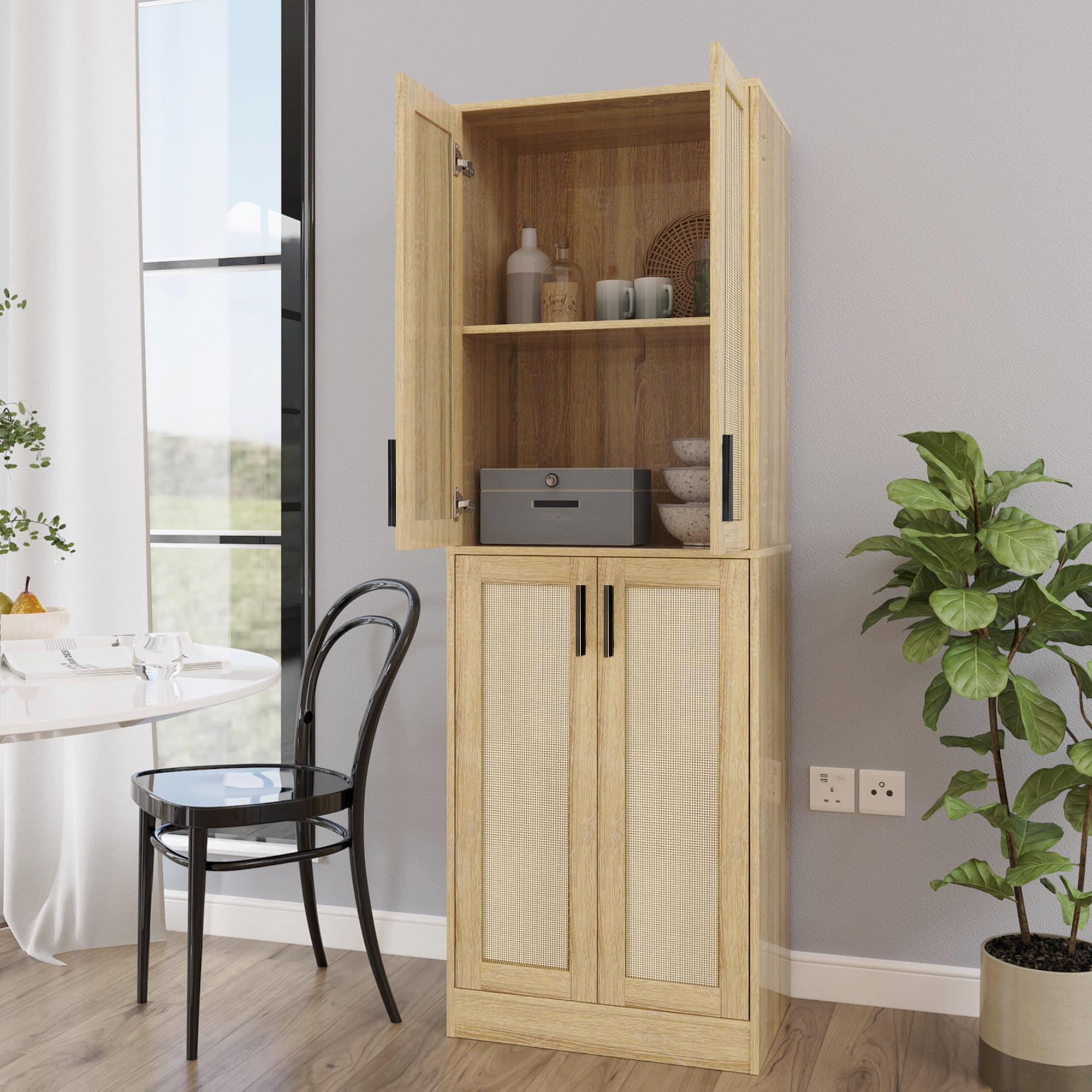 BOCVKENN Storage Cabinet - Kitchen Pantry Cabinet, Tall Pantry Storage Cabinet Freestanding with 4 Rattan Doors and Adjustable Shelves, Cupboard Cabinet for Dining Living Room, Laundry, Bathroom