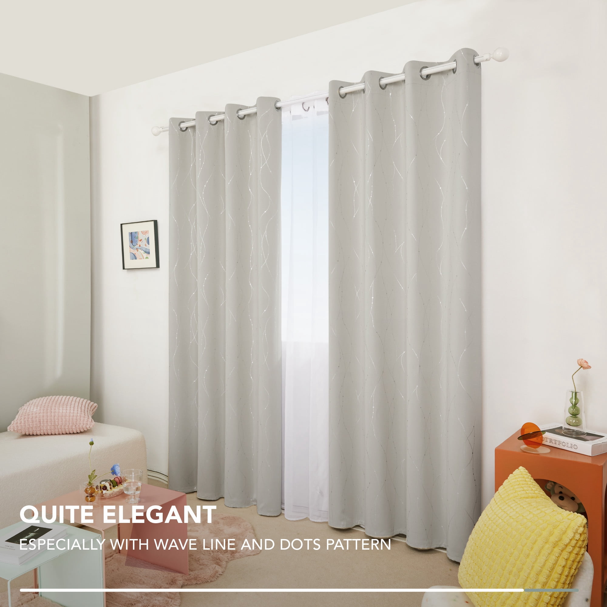 Deconovo Silver Printed Blackout Curtains - 2 Panels, Wave Dots Pattern, Grommet Top, 52"x84", Thermal Insulated Drapes for Bedroom & Living Room, Cream