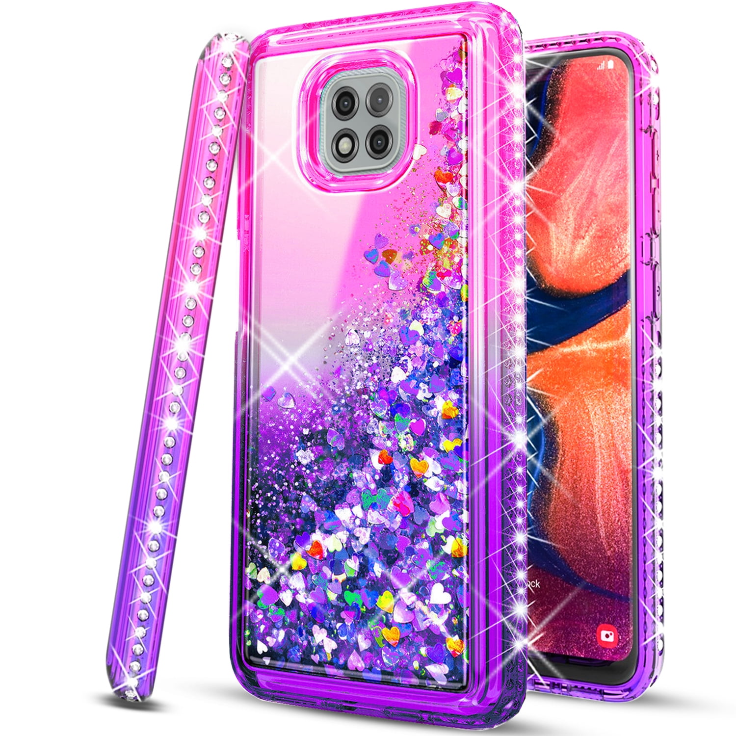 Motorola Moto G Power 2021 Case, with [Tempered Glass Protector Included] Liquid Floating Glitter Quicksand Bling with Spot Diamond Cover - Pink/Purple