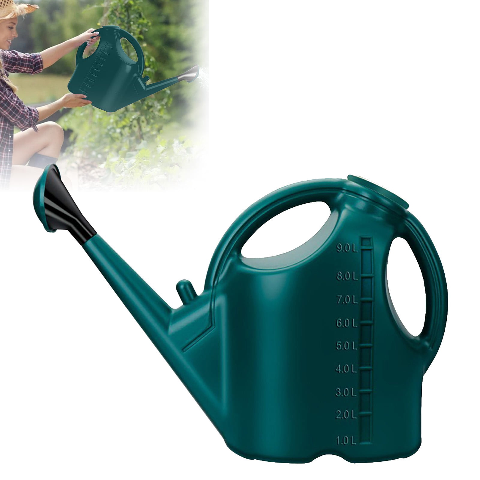 2.38 Gal Large Capacity Plastic Watering Can with Long Spout Removable Rose Head Ergonomic Handle for Indoor Outdoor Garden Plants Flowers Seedlings