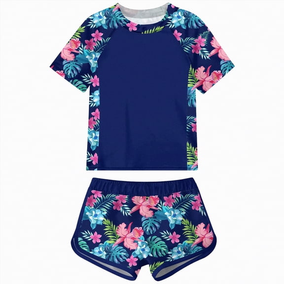 CAICJ98 Girls Rash Guard Swimsuit Toddler Kids 2-Piece Bathing Suit for Girls UPF 50 Summer Beach Swimwear (Blue,9-10 Years)